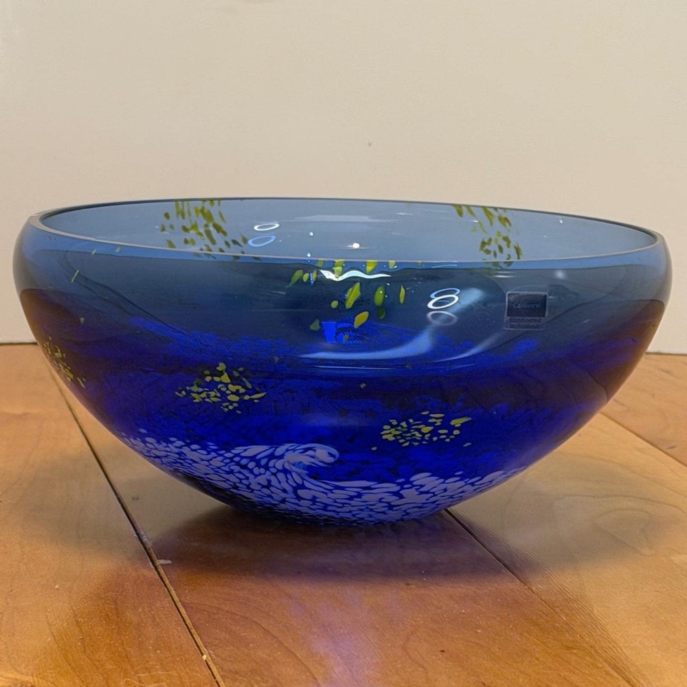Caithness Glass Scotland Blue Art Glass Bowl White Green Swirl 7x3 Handcrafted